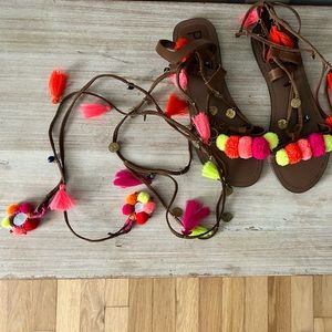 Lace up pom sandals ~ colorful boho chic.